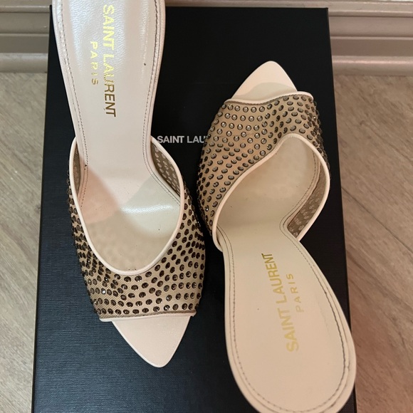 100% Authentic YSL Blonde Mules in Rhinestones Mesh Heels - Picture 2 of 3
